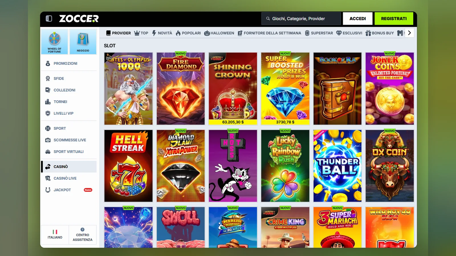 La lobby delle slot: filtri Provider, Top, Novità e Popolari sopra la griglia dei titoli