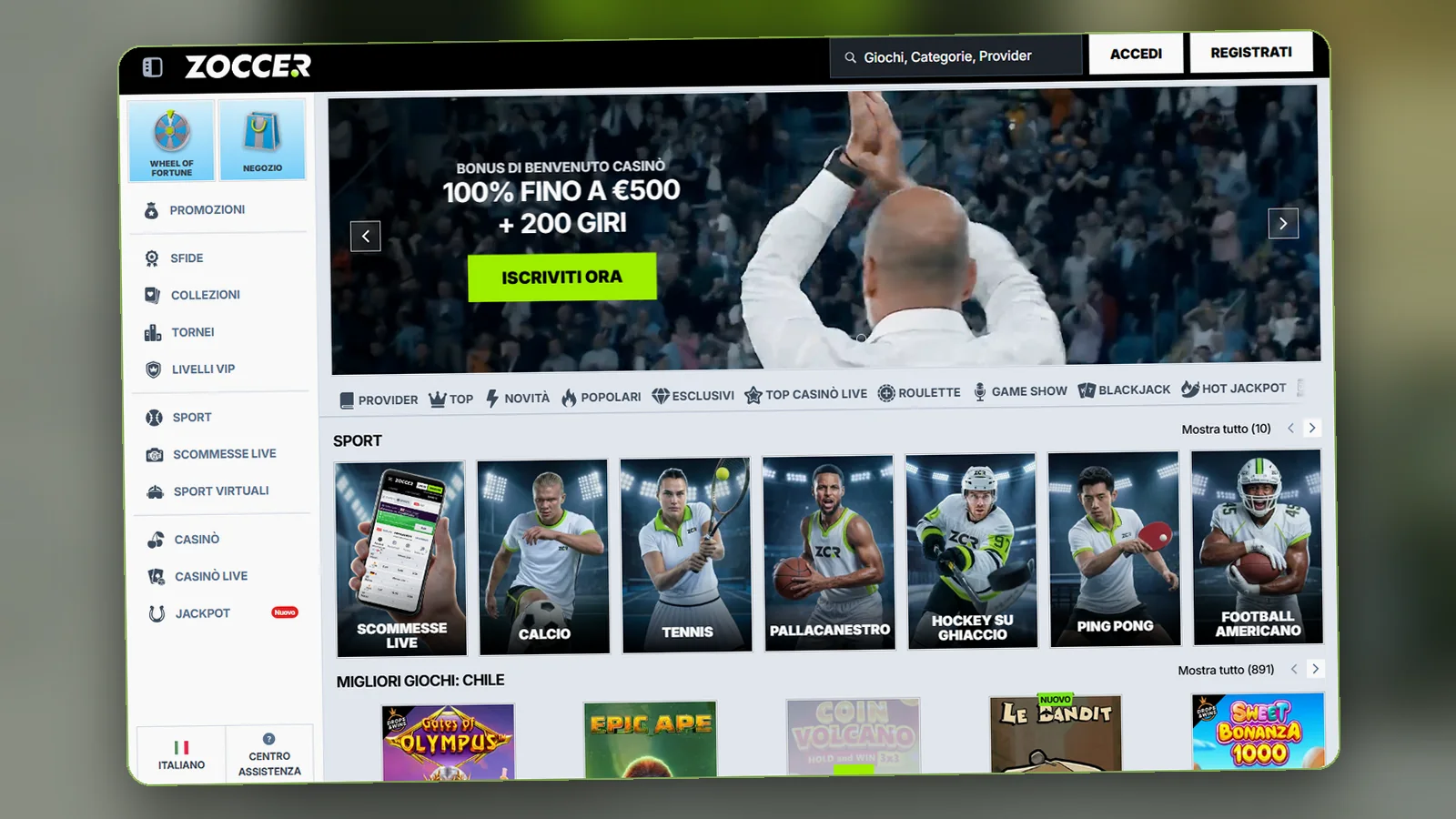 La home della lobby: banner del bonus standard 100% fino a €500 + 200 giri e sezione Sport