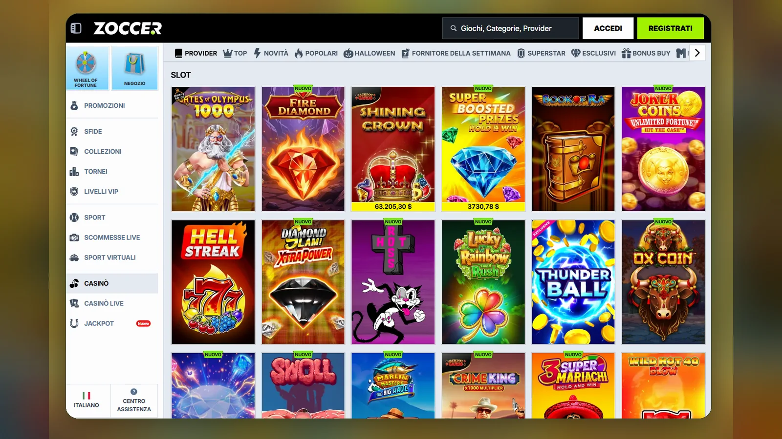La lobby delle slot: filtri Provider, Top, Novità e Popolari sopra la griglia dei titoli