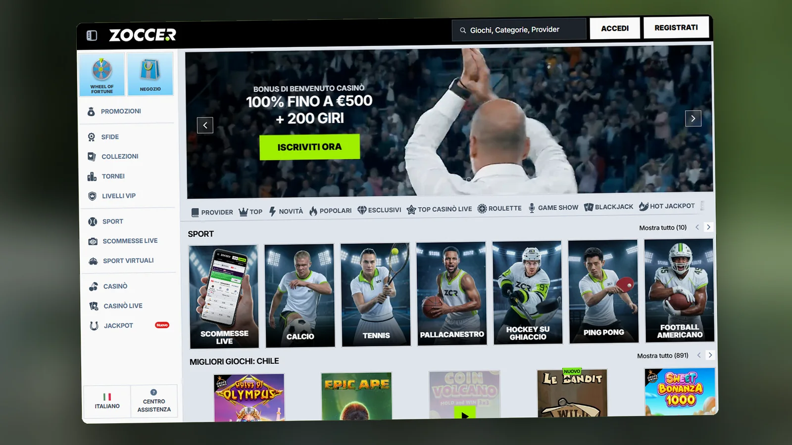 La home della lobby: banner del bonus standard 100% fino a €500 + 200 giri e sezione Sport