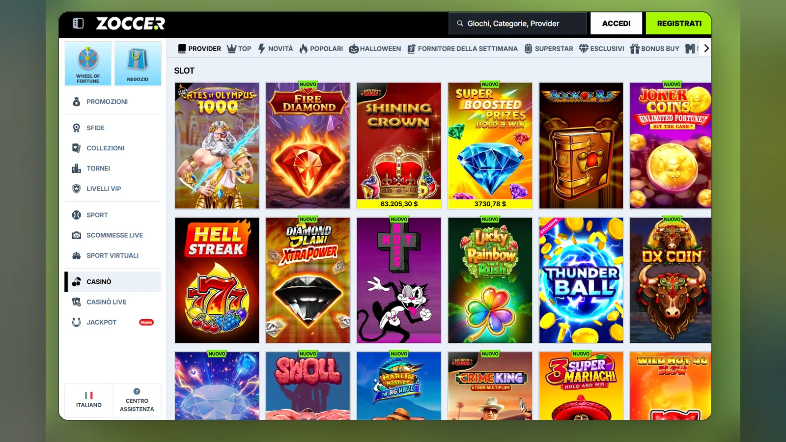 La lobby delle slot: filtri Provider, Top, Novità e Popolari sopra la griglia dei titoli