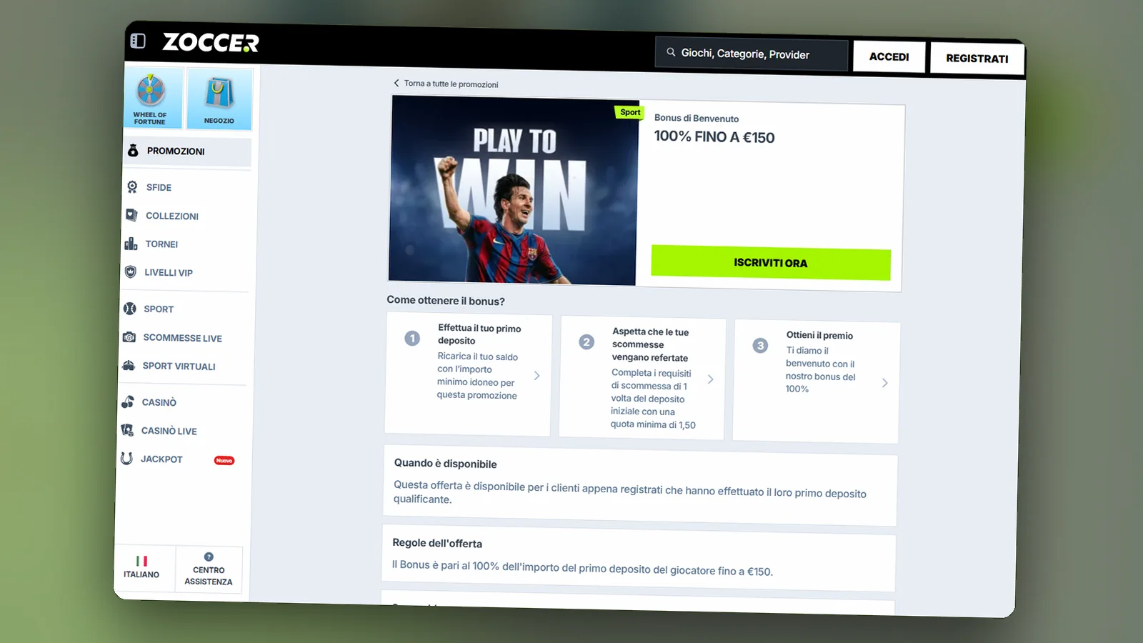La pagina del bonus di benvenuto sport (100% fino a €150): i tre passi per ottenerlo e le regole dell'offerta