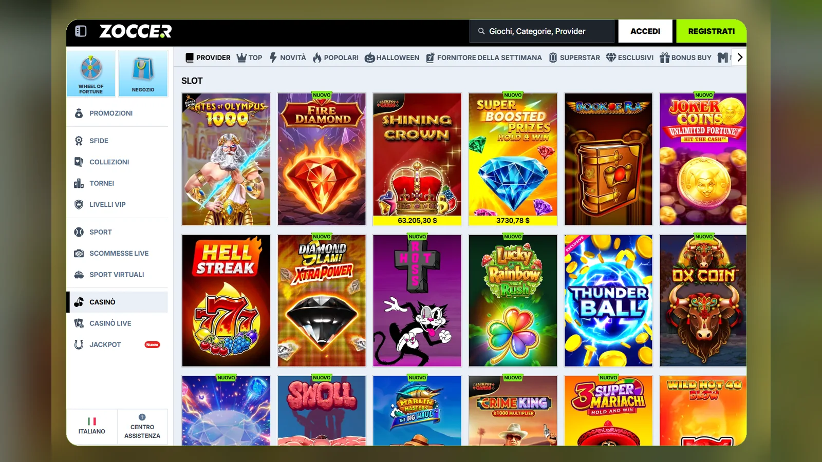 La lobby delle slot: filtri Provider, Top, Novità e Popolari sopra la griglia dei titoli