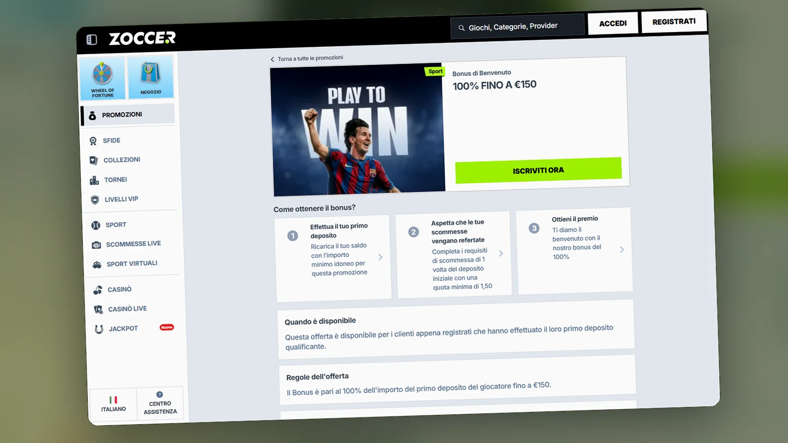 La pagina del bonus di benvenuto sport (100% fino a €150): i tre passi per ottenerlo e le regole dell'offerta