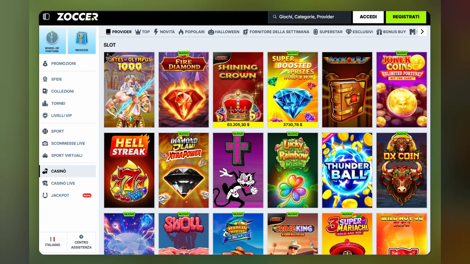 La lobby delle slot: filtri Provider, Top, Novità e Popolari sopra la griglia dei titoli