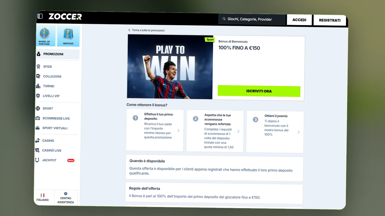 La pagina del bonus di benvenuto sport (100% fino a €150): i tre passi per ottenerlo e le regole dell'offerta