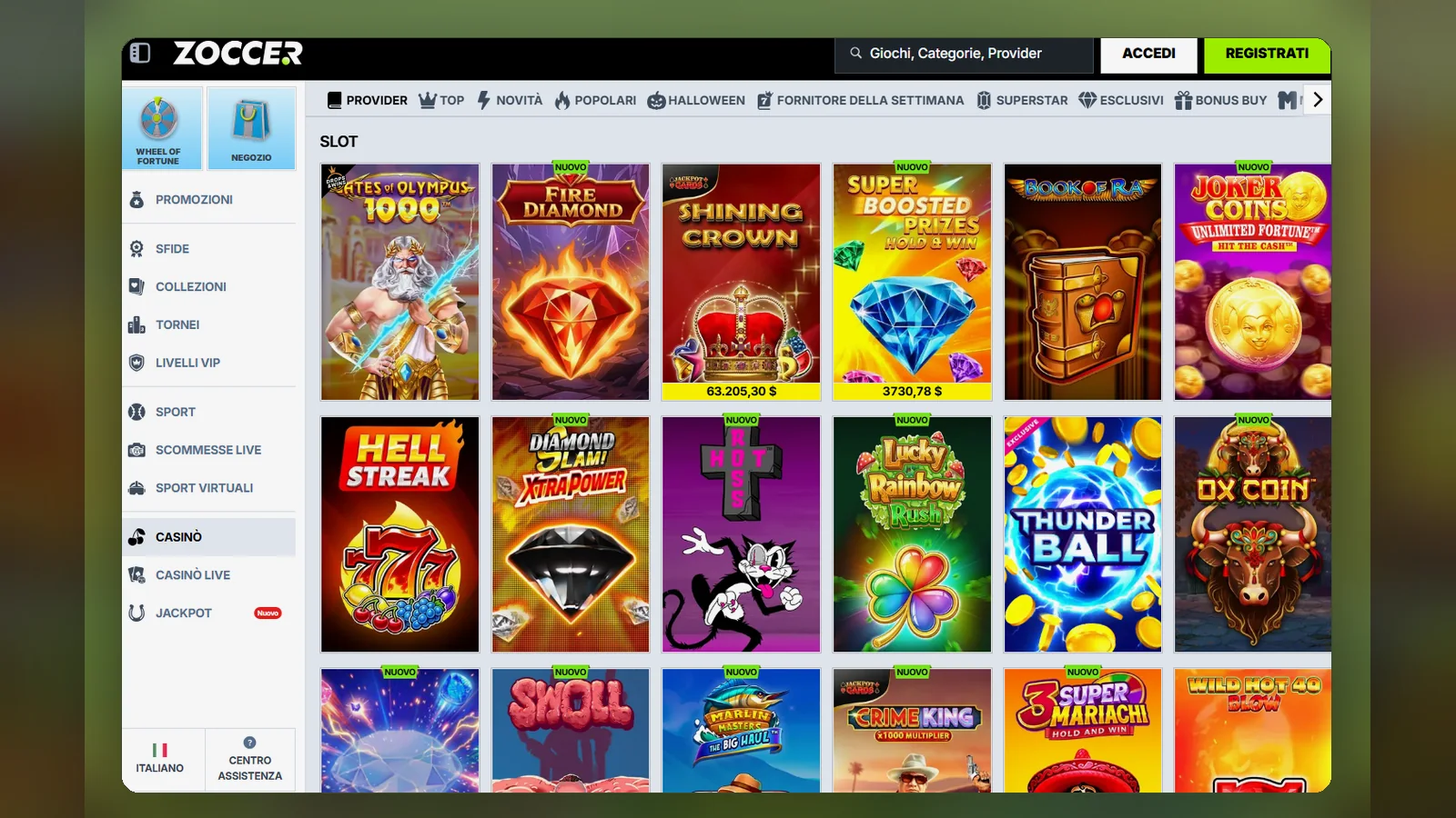 La lobby delle slot: filtri Provider, Top, Novità e Popolari sopra la griglia dei titoli