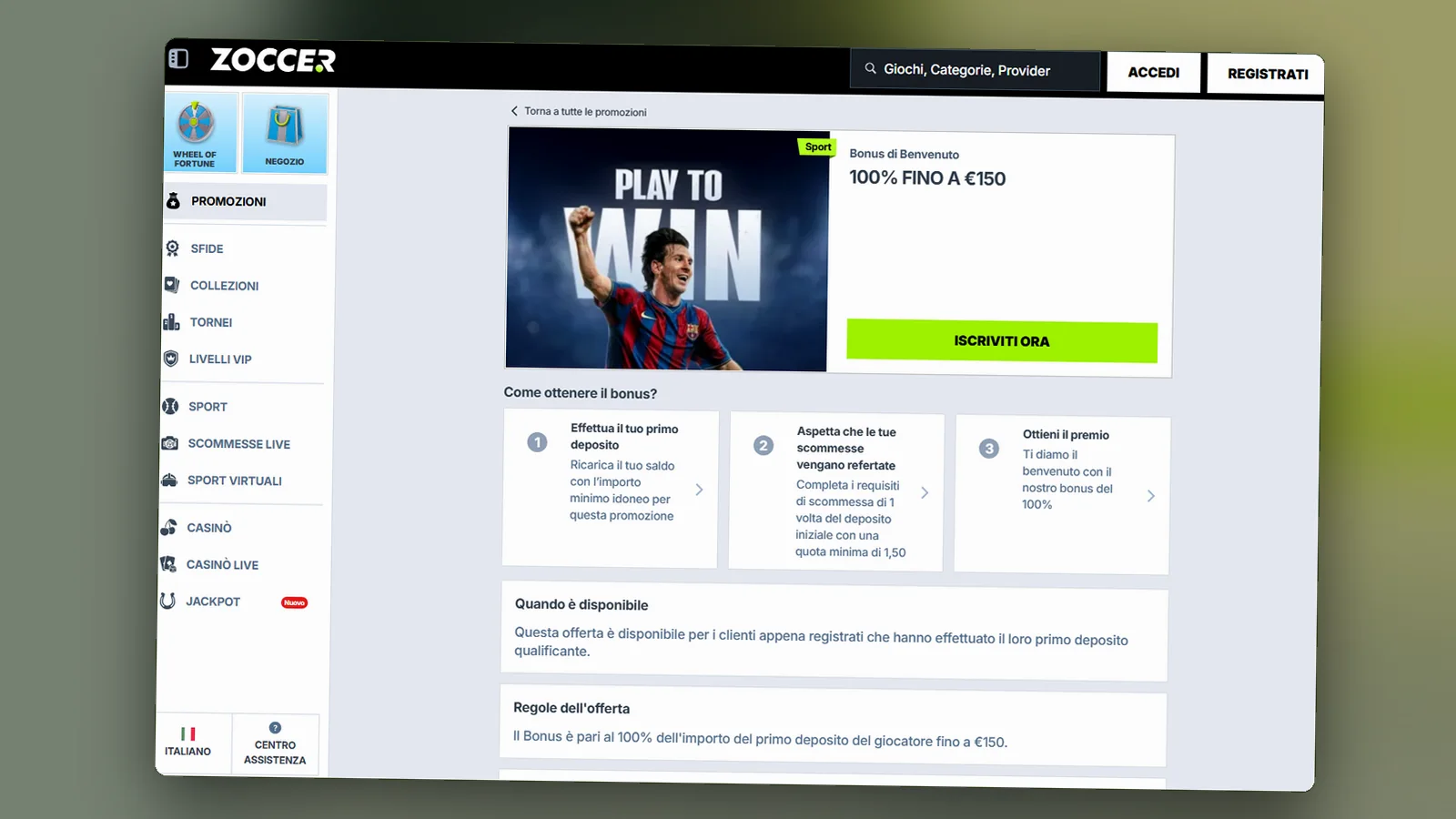 La pagina del bonus di benvenuto sport (100% fino a €150): i tre passi per ottenerlo e le regole dell'offerta