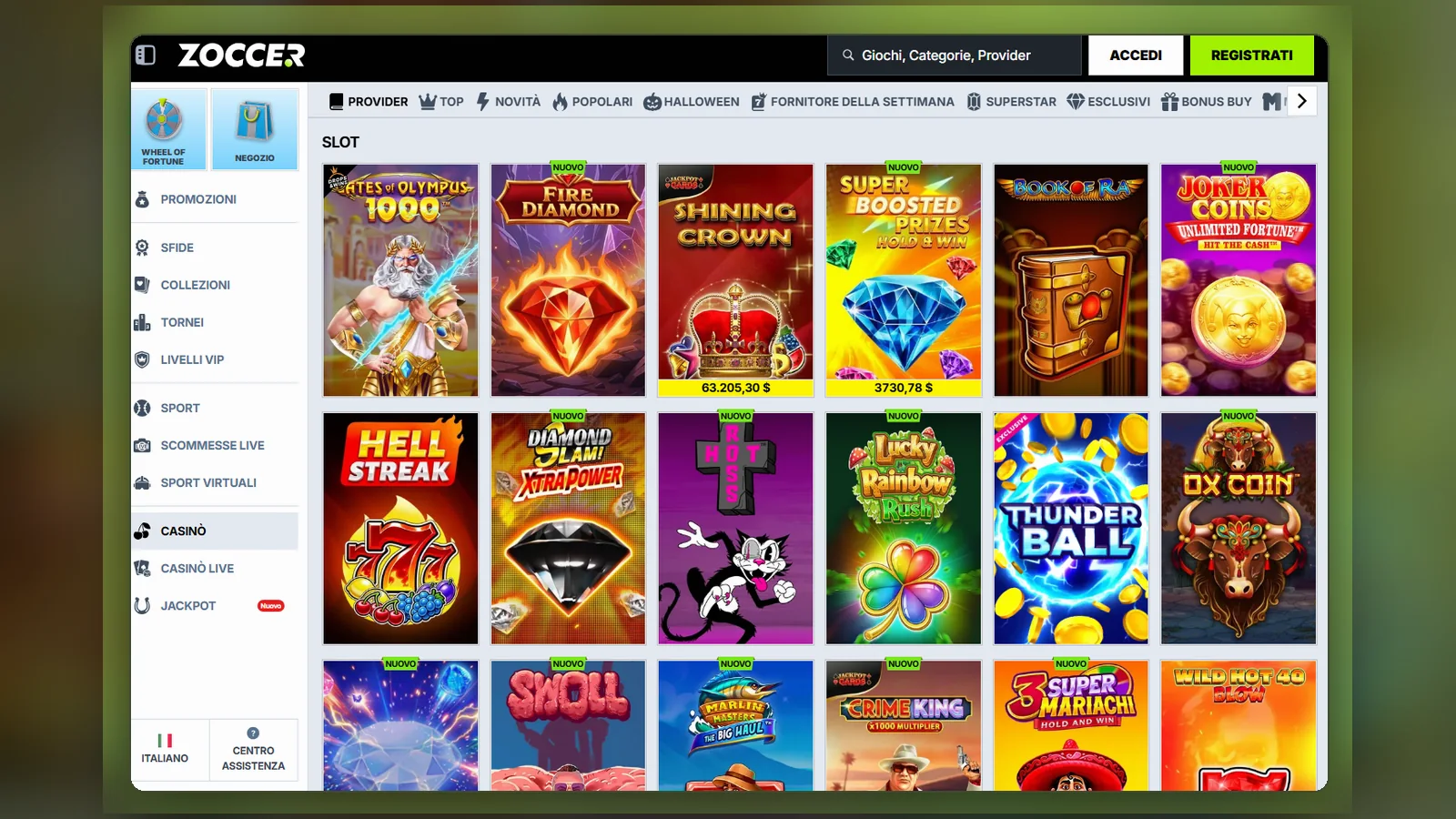 La lobby delle slot: filtri Provider, Top, Novità e Popolari sopra la griglia dei titoli