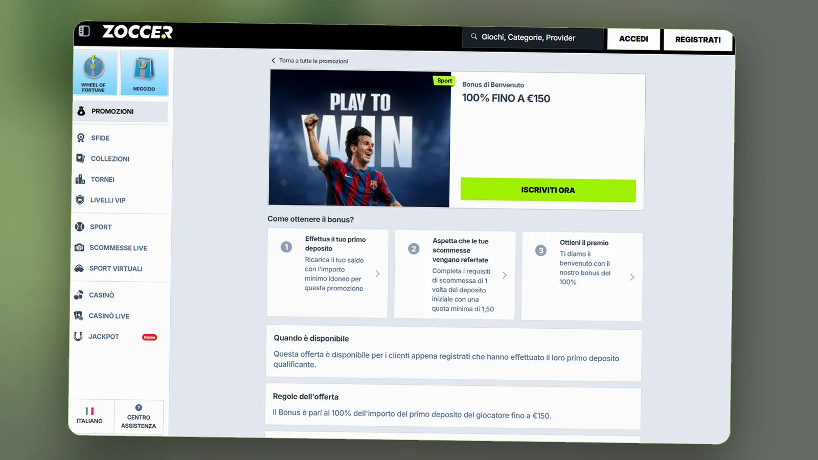 La pagina del bonus di benvenuto sport (100% fino a €150): i tre passi per ottenerlo e le regole dell'offerta