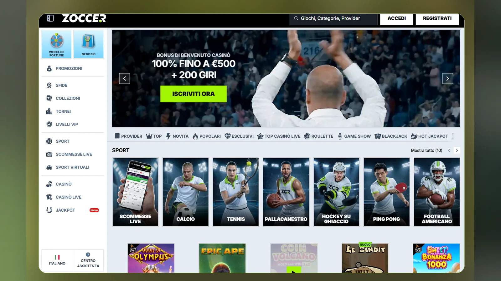 La home della lobby: banner del bonus standard 100% fino a €500 + 200 giri e sezione Sport