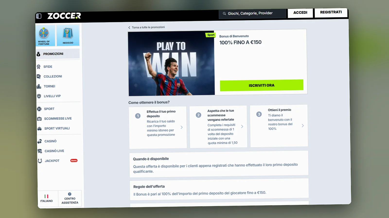 La pagina del bonus di benvenuto sport (100% fino a €150): i tre passi per ottenerlo e le regole dell'offerta